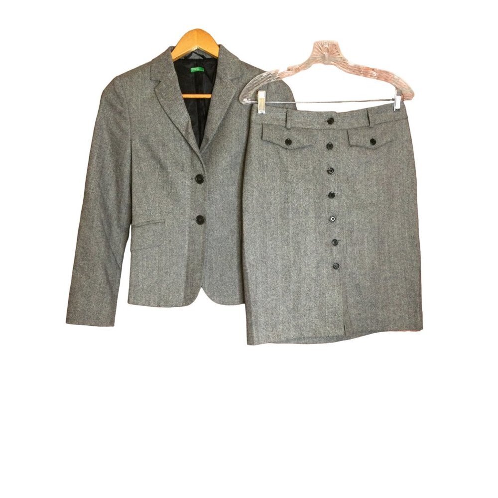 United Colors of Benetton Womens Herringbone Skirt Blazer 2 Pc Suit 38 40 Small